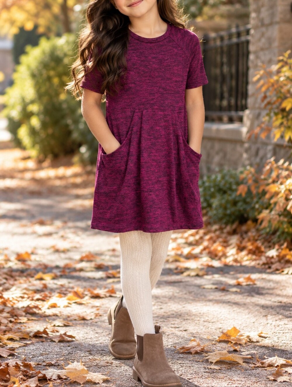 COS Girls Heathered Plum Knit Dress Short Sleeve Pockets Viscose Blend
